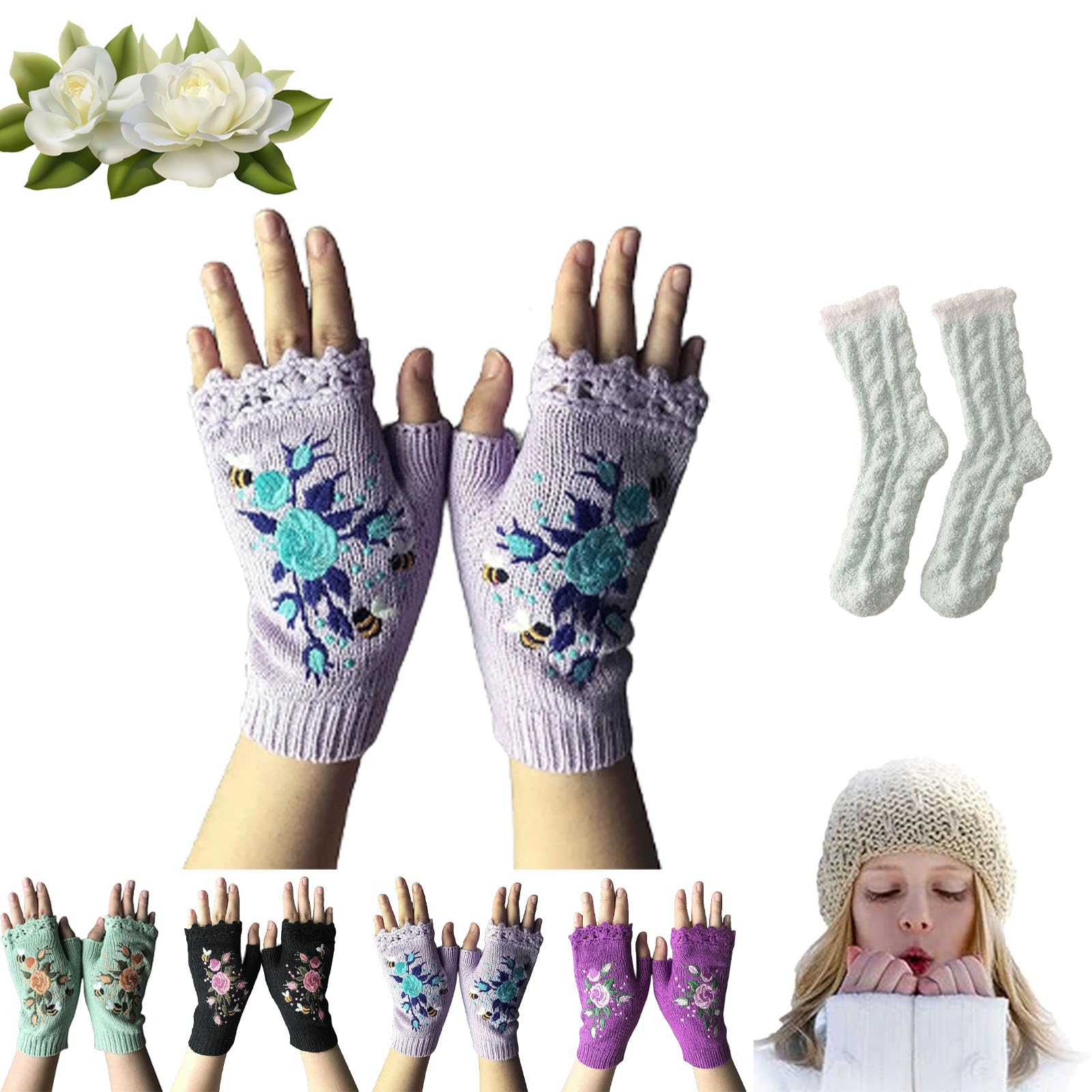 Hand Embroidered Gloves Women's Knitted Gloves Flower Gloves, Embroidered Hand Fingerless Gloves