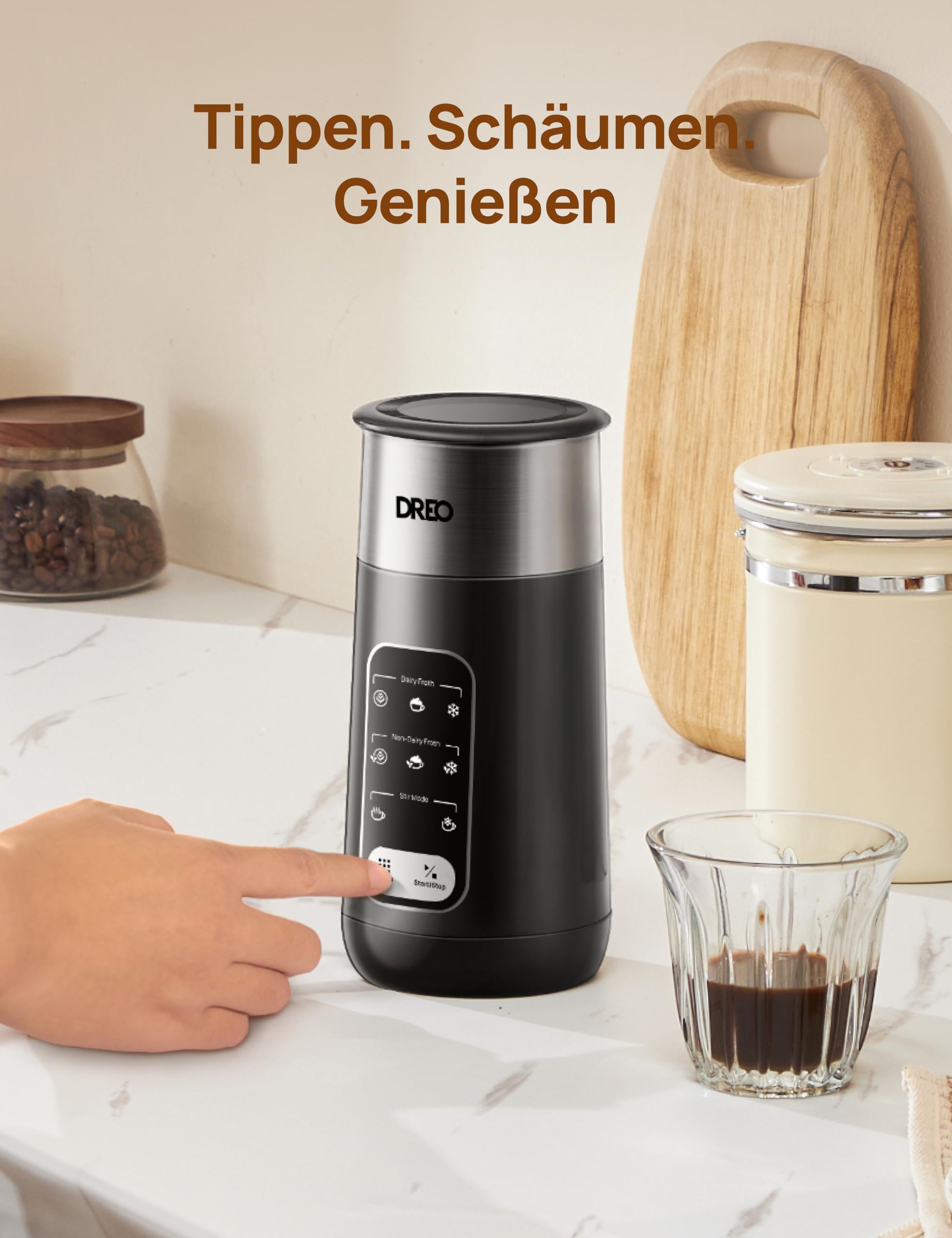 Dreo Milchaufschäumer, 8-in-1 Elektrischer Milchschäumer für Latte, Cappuccino, Heiße Schokolade, 270ml Automatischer Aufschäumer aus Edelstahl für warmen und kalten Schaum, LED, leicht zu reinigen