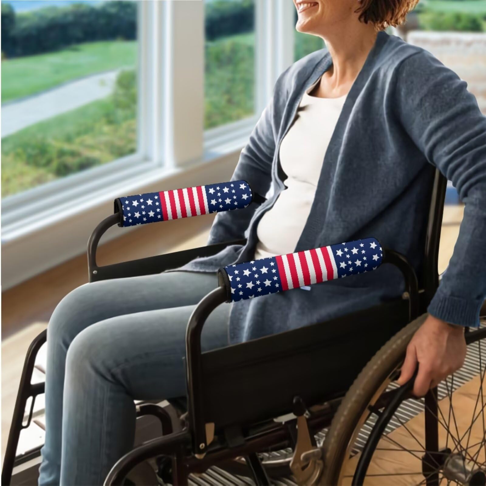 Cugasmaru American Flag Wheelchair Armrest Pads Comfortable Neoprene Wheelchair Arm Covers Set of 2 for Seniors Adults Wheelchair Armrests Office or Transport Chairs Scooters