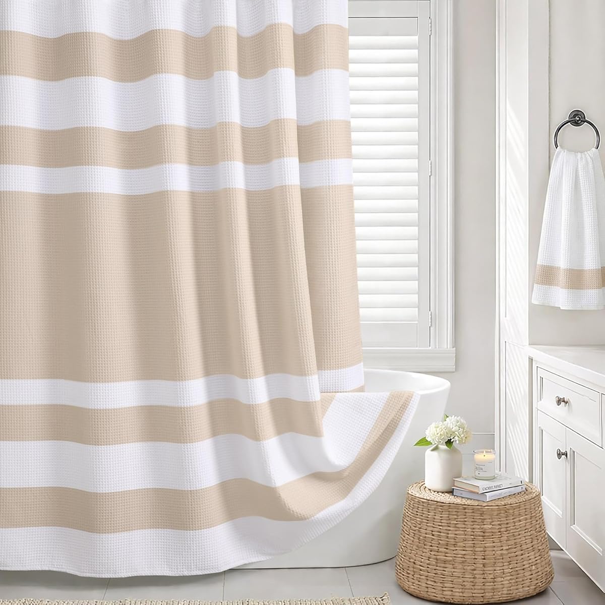 Beige Shower Curtain Cotton Waffle Stripe Shower Curtains for Bathroom 72"x84",Extra Long