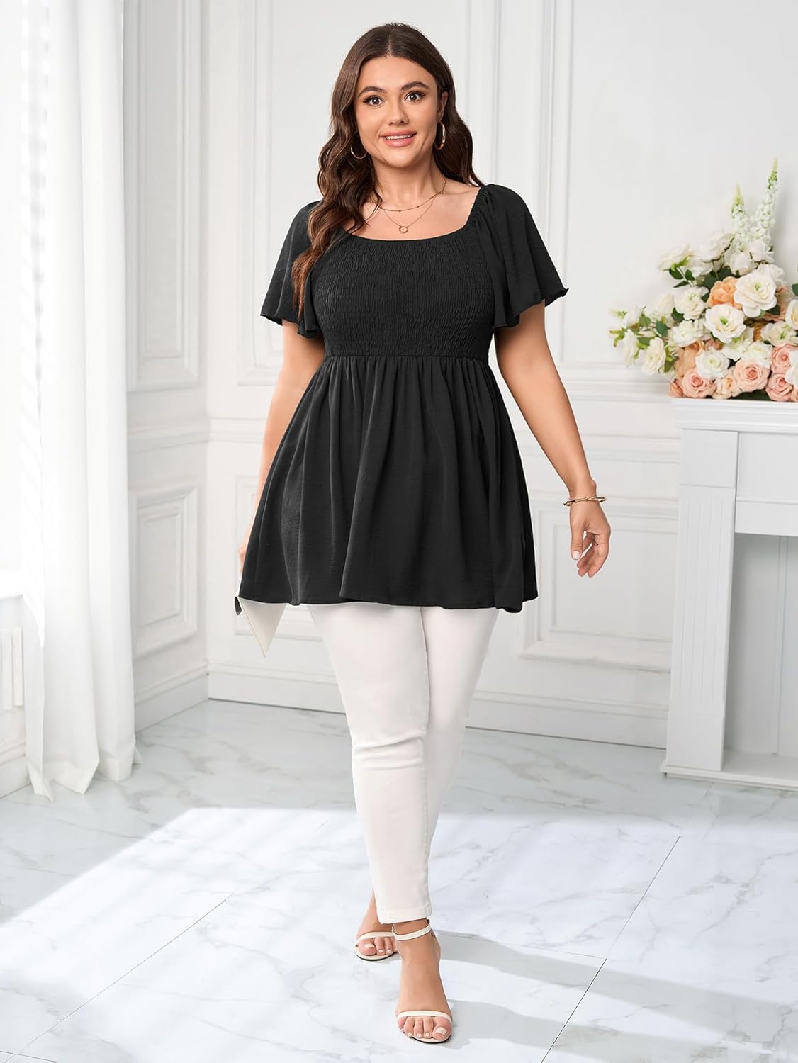 Women's Plus Size Dressy Tops Square Neck Short Sleeve Smocked Peplum Blouse Tops Shirts - Image 6