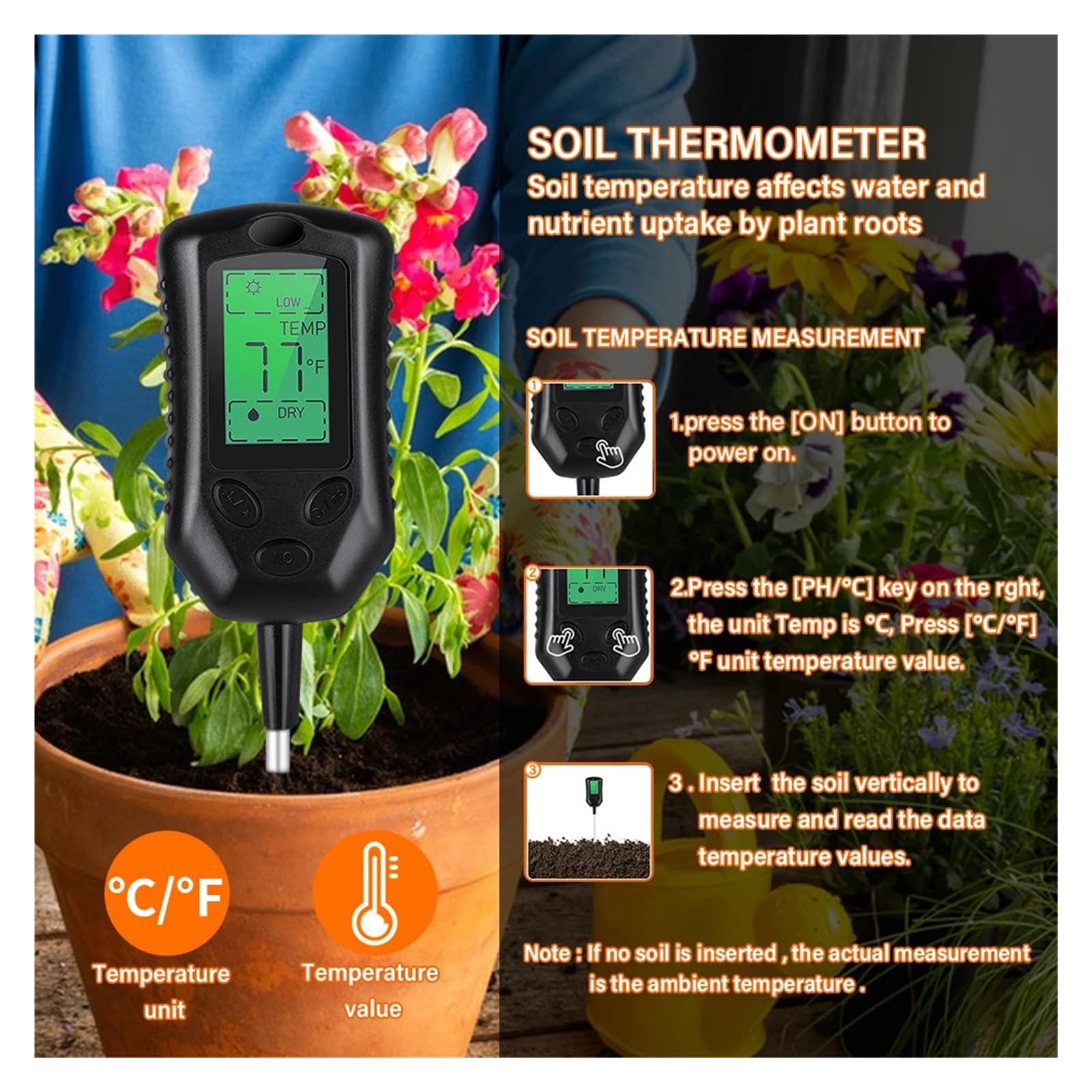 Medidor de humedad del suelo Medidor De PH Del Suelo 4 En 1, Monitor De Humedad, Probador De Luz Solar, Termómetro, Plantas De Jardinería, Sensor De Suelo De Flores Con Luz Negra Fiable y Preciso