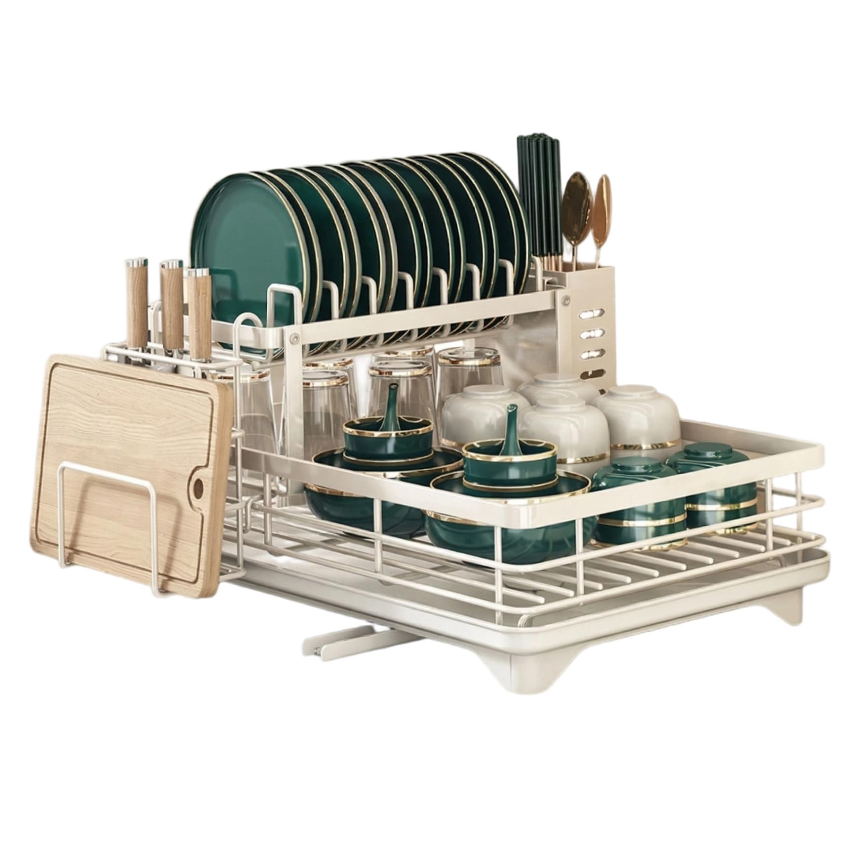 Égouttoir à Vaisselle à 2 Niveaux, Grand égouttoir Vaisselle en Acier au Carbone Blanc avec Porte-ustensiles, de Cuisine Multifonction Amovible pour Bol, Tasse, Couteaux, Planche, pour