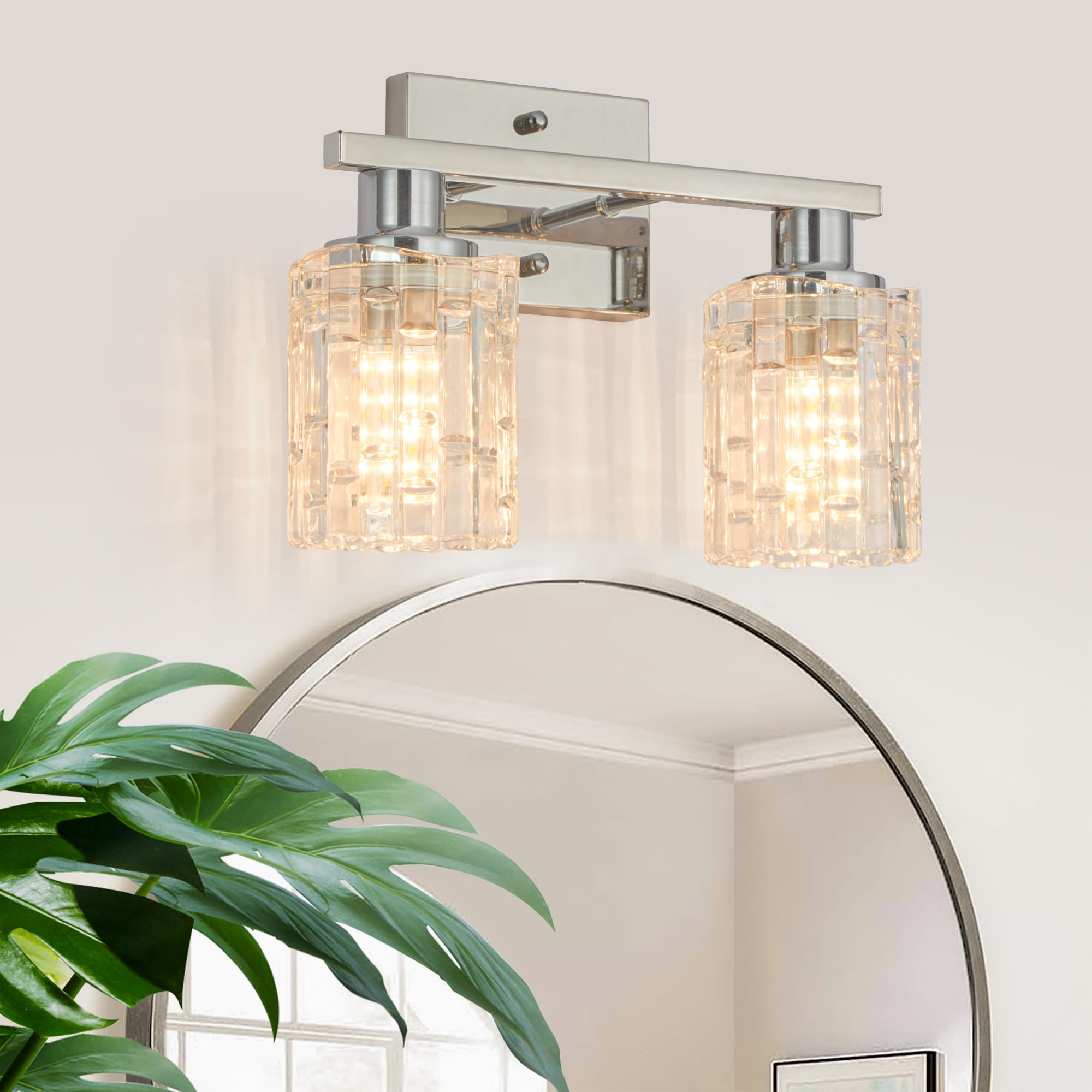 2 Light Silver Chrome Bathroom Vanity Light Over Mirror Modern Vanity Lighting with Crystal Glass Shade Wall Mount