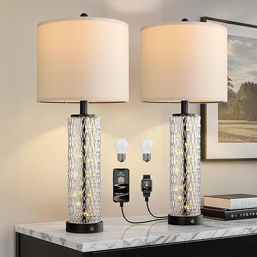 Miniatura 11 de Oneach Juego de 2 lámparas de mesa modernas de 27.75 pulgadas, lámpara de noche dorada con luz nocturna de cristal, USB A+C, pantalla de rejilla