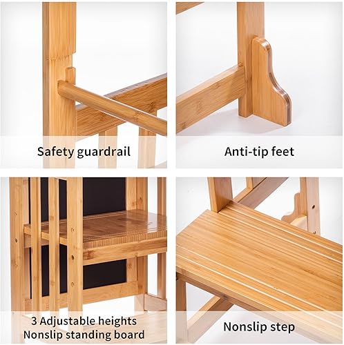 Miniatura 6 de UNICOO Taburete de bambú de altura ajustable para niños, torre de pie de cocina para niños, taburete de cocina estilo Montessori con tablero de arte
