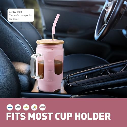 Miniatura 5 de Vaso de vidrio con popote y tapa, taza de vidrio de 32 onzas con asa, botellas de agua de vidrio con marcador de tiempo, 2 pajitas, popote de perlas