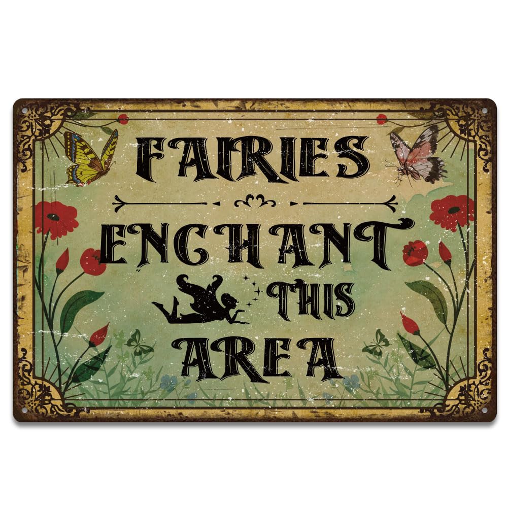 SUPERDANT Fairy Metal Signs Flowers and Butterfly Tin Signs Fairies Enchant This Area Wall Plaques Vintage Countryside Wall Art Poster for Garden Courtyard Fence Living Room Door Retro Decoration
