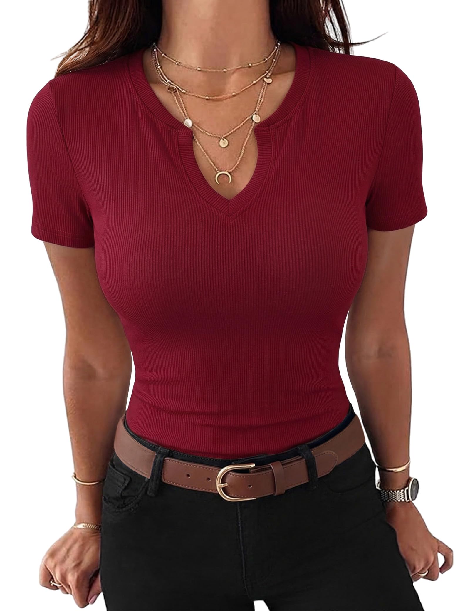 Gyabnw Damen T-Shirt V-Ausschnitt Elegant Gerippt Bluse Oberteil Kurzarm Basic Shirt Casual Sommer Top
