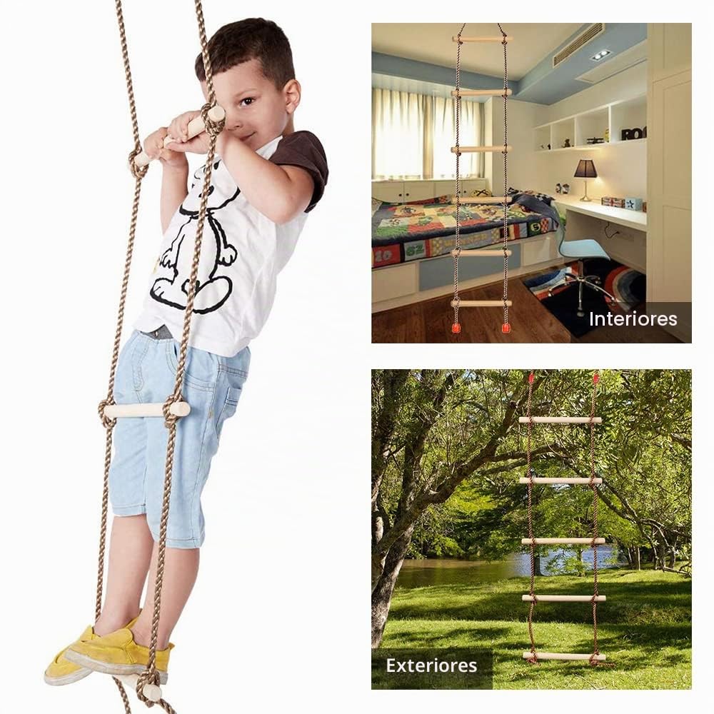 Barra de Columpio Trapecio de Madera para Árbol - Exterior con Anillos para Niños