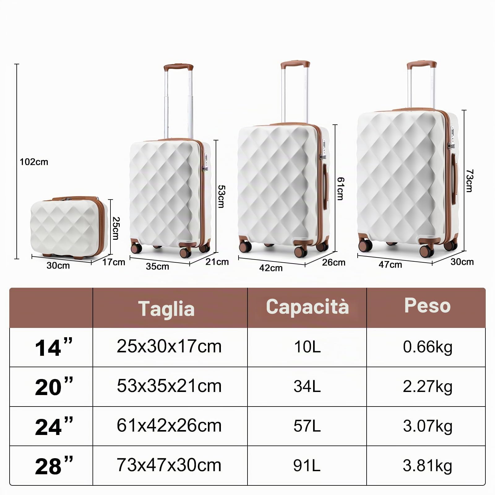 British traveller Bagagli duri durevoli di ABS+PC con la chiusura lampo YKK della serratura di TSA delle ruote 4 del filatore, Bianco panna, M(medium 24inch), Valigia rigida
