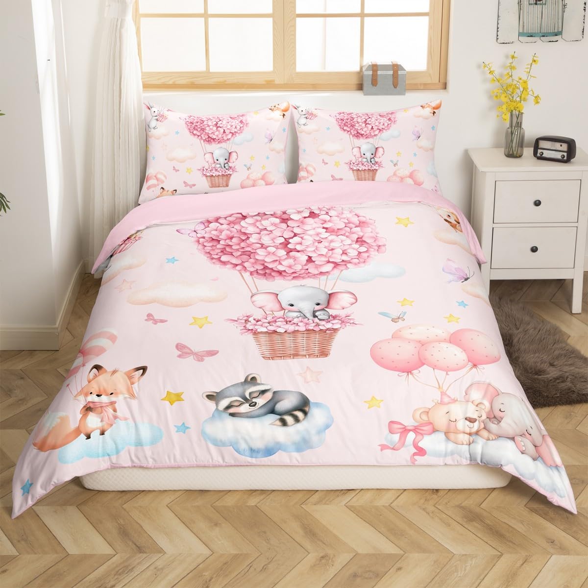Homewish Urocze zwierzęta poszewka na kołdrę super królewska, różowy balon na gorące powietrze zestaw pościeli dla dzieci dziewcząt, kreskówka słoń lis niedźwiedź zestaw poszewek na kołdrę, urocze
