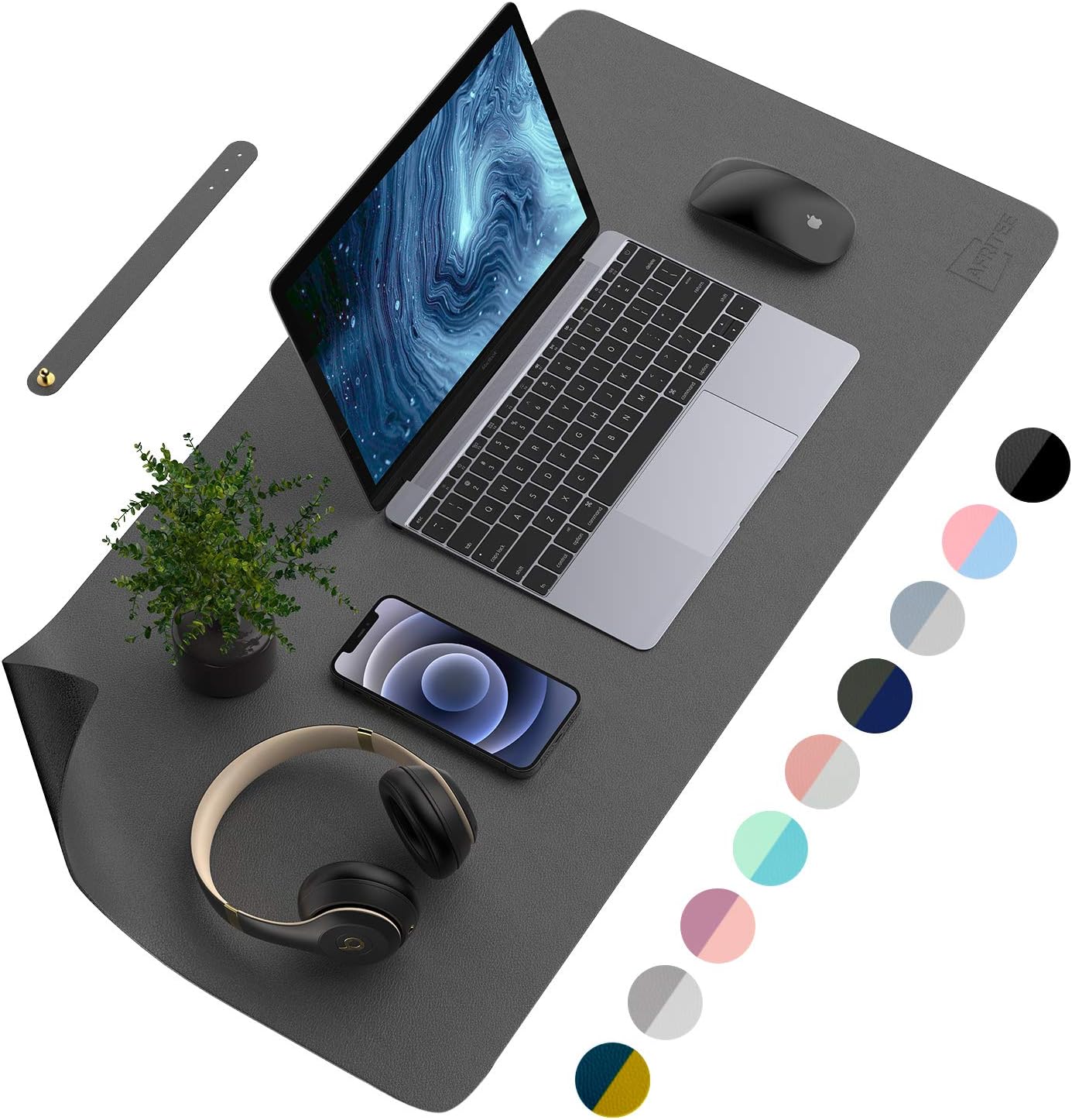 AFRITEE Desk Pad Protector Mat - Dual Side PU Leather Desk Mat Large Mouse Pad Waterproof Desk Organizers Office Home Table Decor Gaming Writing Mat Smooth (Black/Dark Gray, 31.5" x 15.7")