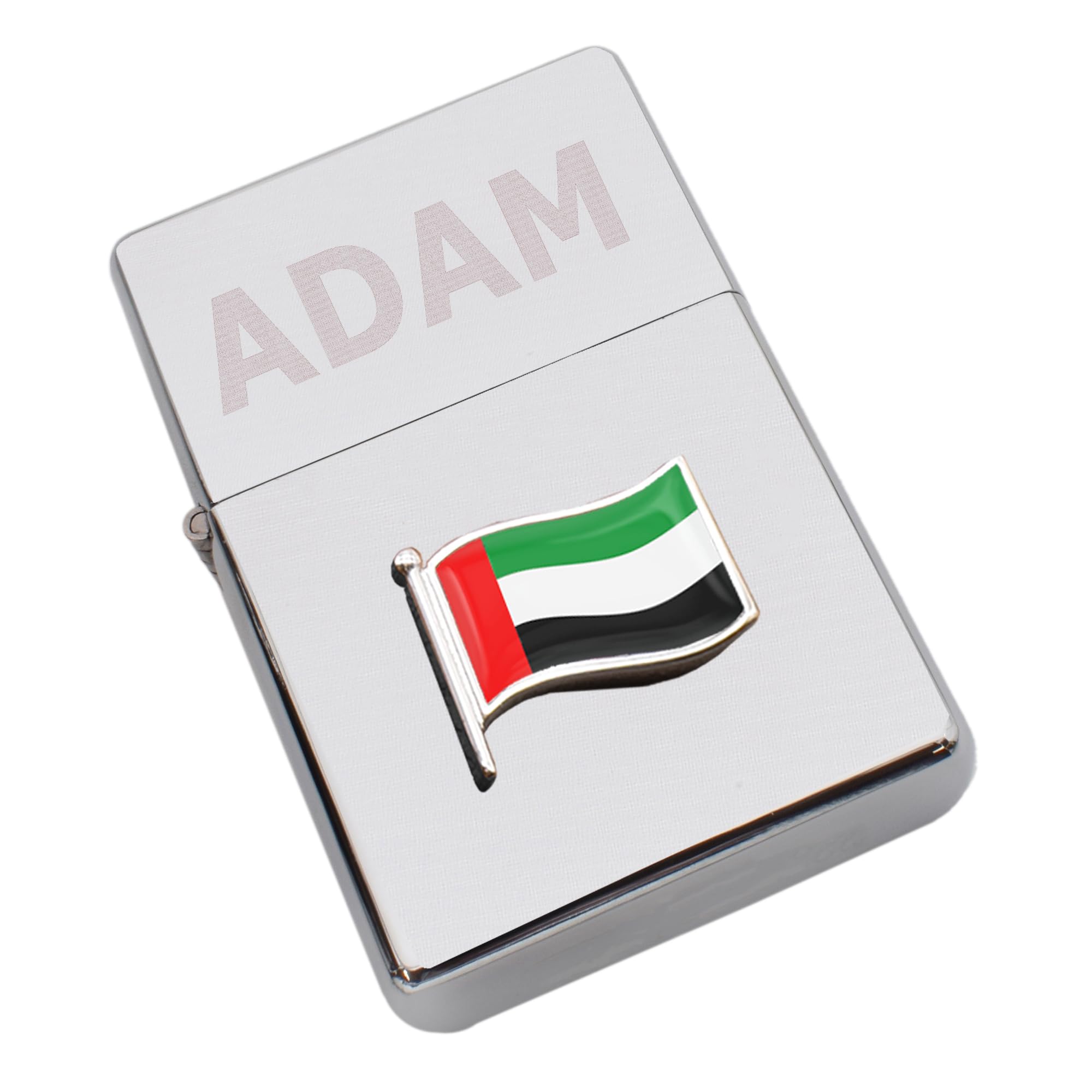 UAE Design Wave Flag Lighter Personalised with a Name or Initials, Chrome Finish, Presented in Box