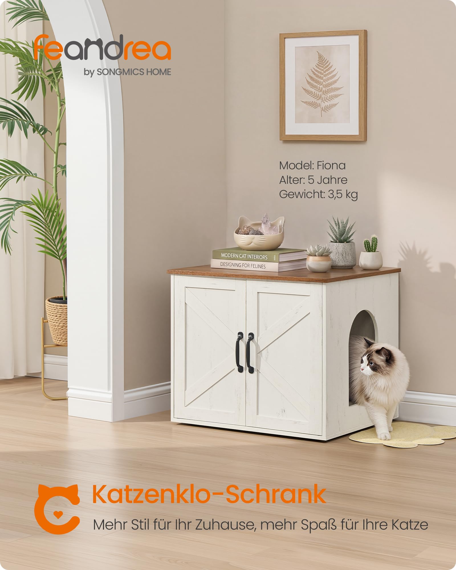 Feandrea Katzenhaus, Katzenklo-Schrank, versteckte Katzentoilette, Beistelltisch, für Haustiere im Innenbereich, 60 x 50 x 50 cm, wolkenweiß-honigbraun PCL042W201