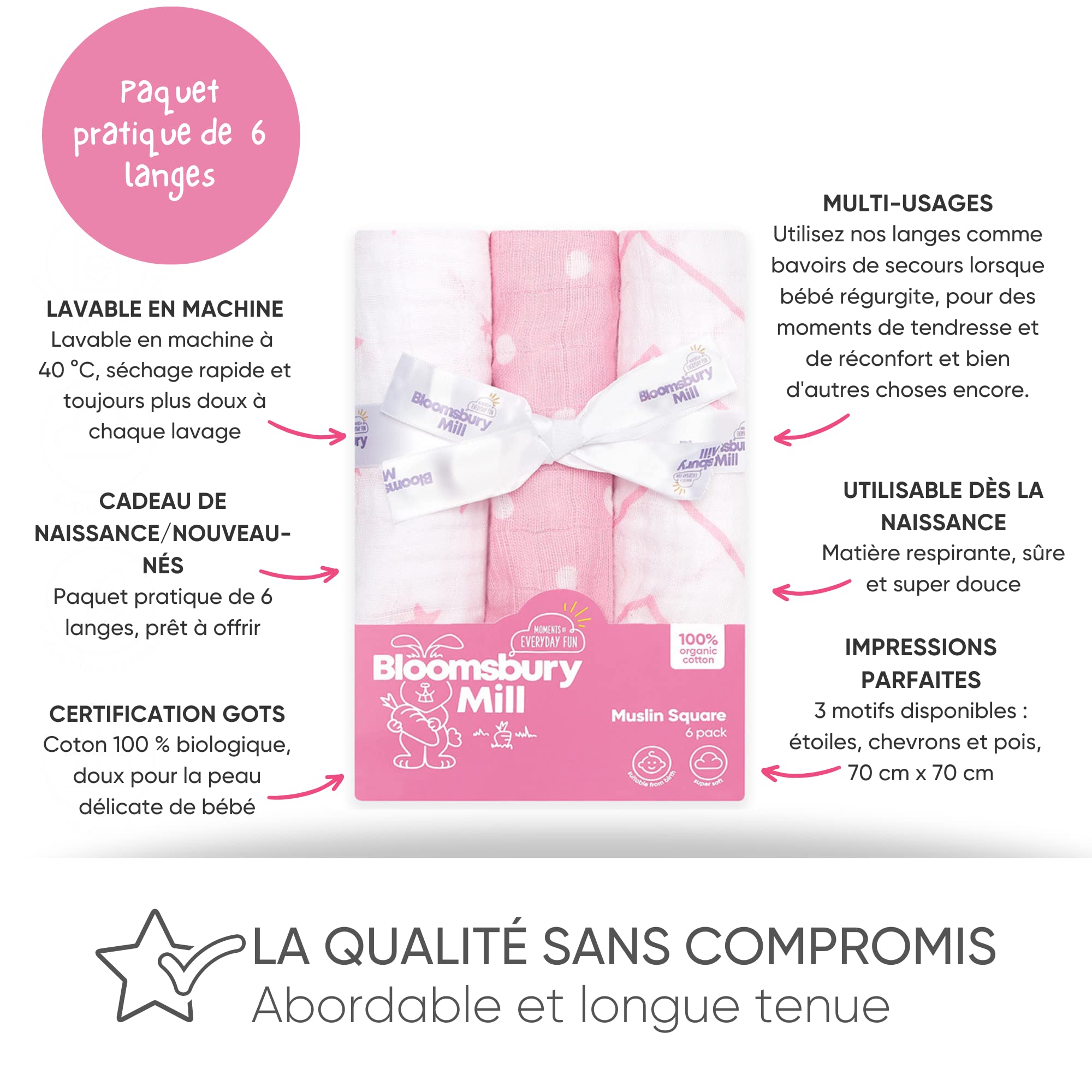 Bloomsbury Mill - Lange Bebe - Lot de 6-70x70cm - 100% Pur Coton Biologique - Carrés de Mousseline Super Doux - Cadeau Naissance pour Garçon et Filles - Bébé Naissance - Rose et Blanc