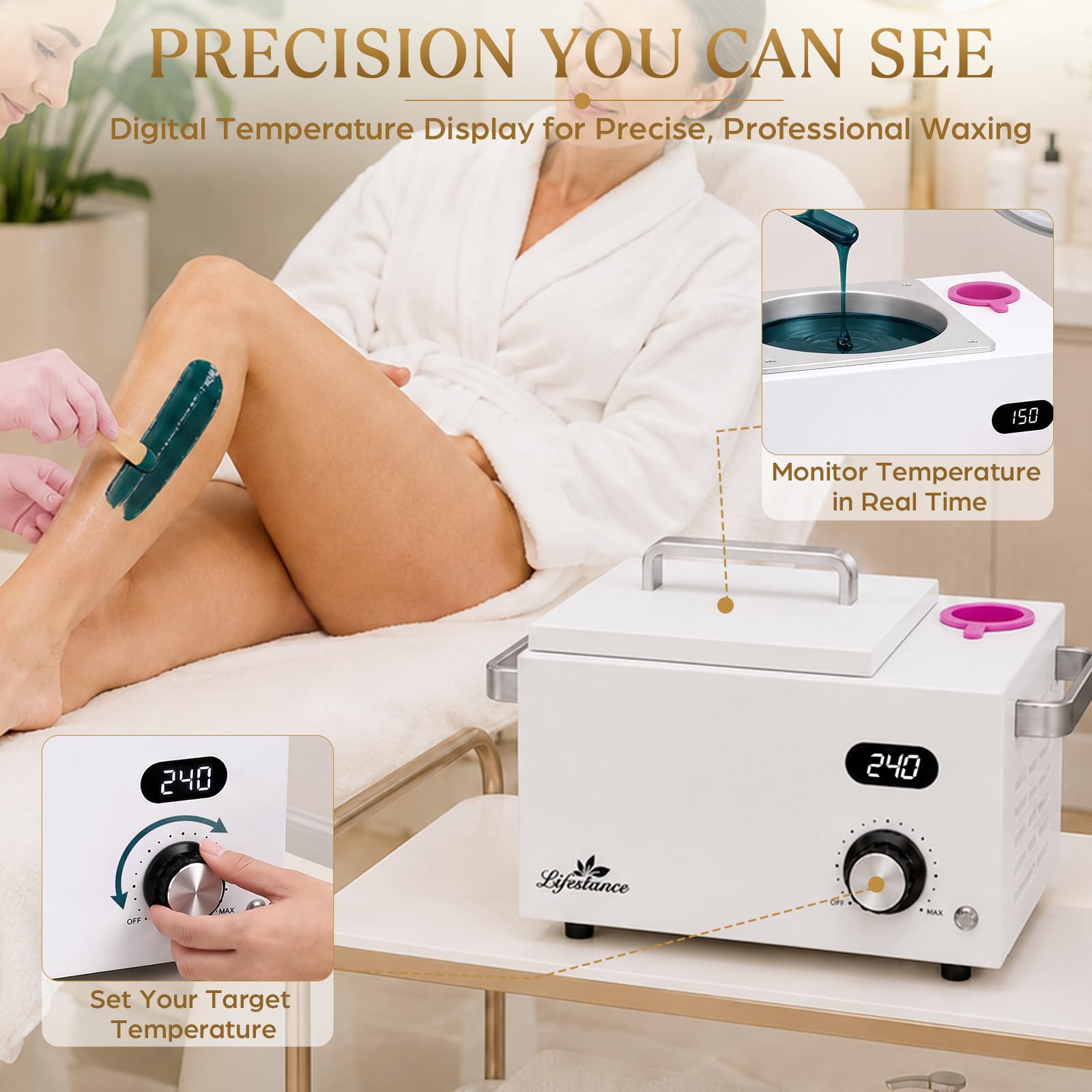 Calentador de cera portátil para depilación sin dolor: calentador de cera profesional con temperatura ajustable, ideal para cara, cuerpo y salón de belleza para mujeres y hombres (blanco)