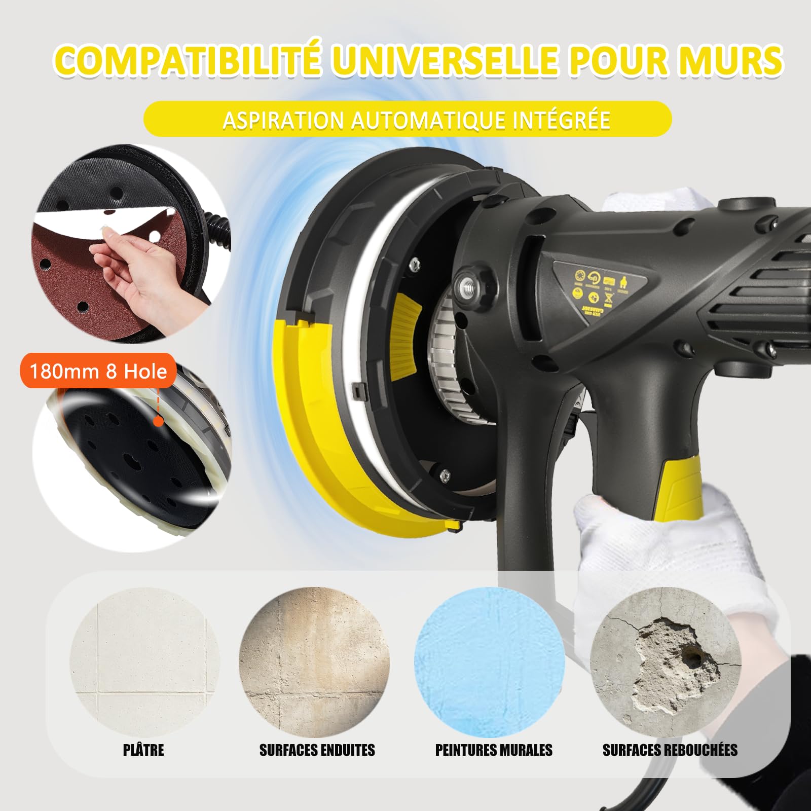 Ponceuse murale pour cloisons sèches, 710W Moteur électrique 1200-2700TR/MIN, vitesse variable, aspiration réglable, grosse et fine abrasion, 10 disques à poncer，avec lumière LED