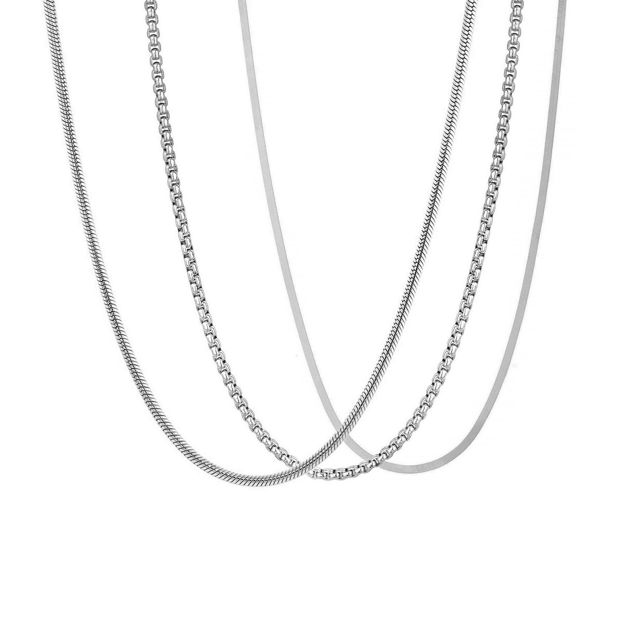 FASHIONS Classic Trendy Stylish Stainless Steel Silver Snack Neck Necklace Box Chains for Men Boys(Combo Pack Of 3 Pieces)