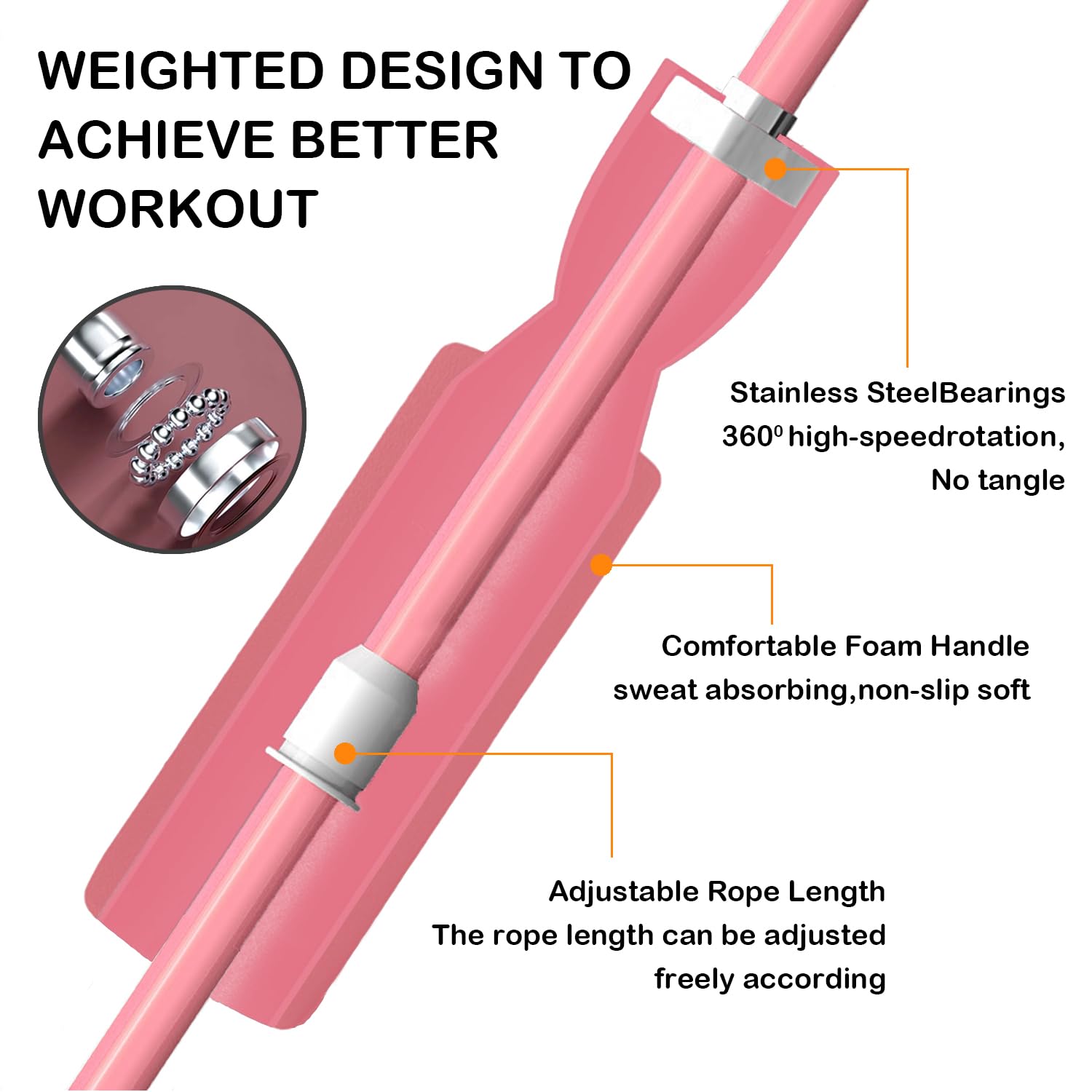 Springseil ohne Seil für Fitness-Training, verstellbar, gewichtet, schnurloses Springseil für Männer, Frauen, Kinder, Rosa