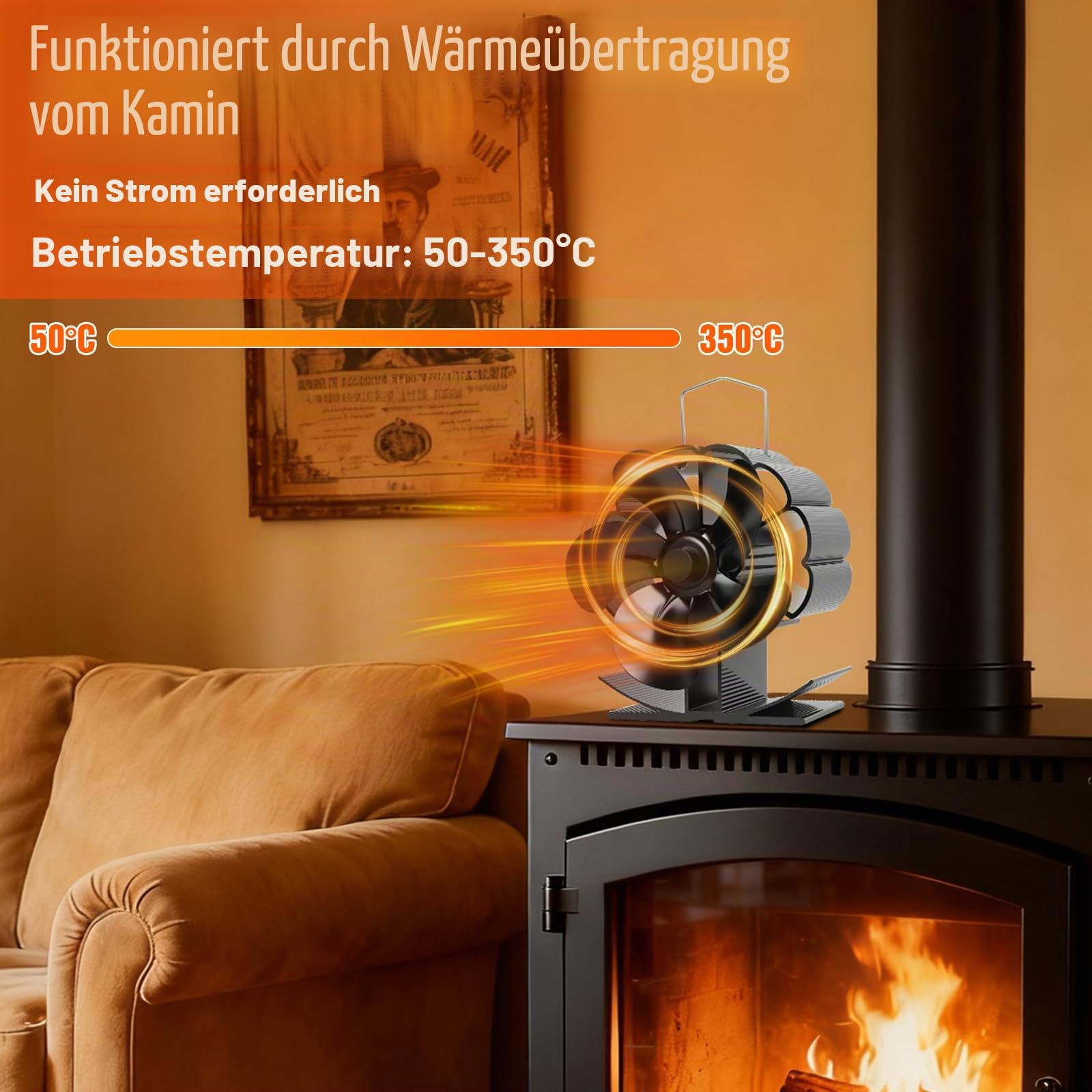 LURICO Kaminventilator, 5 Flügel-Ofenventilator Stromloser Leiser Betrieb, 12.7 x 11.7 CM Holzofenventilator Wärmebetrieben Kamin Ventilator, Kaminventilator für Kamin, Ofen, Holz,Ofenrohr (Schwarz)