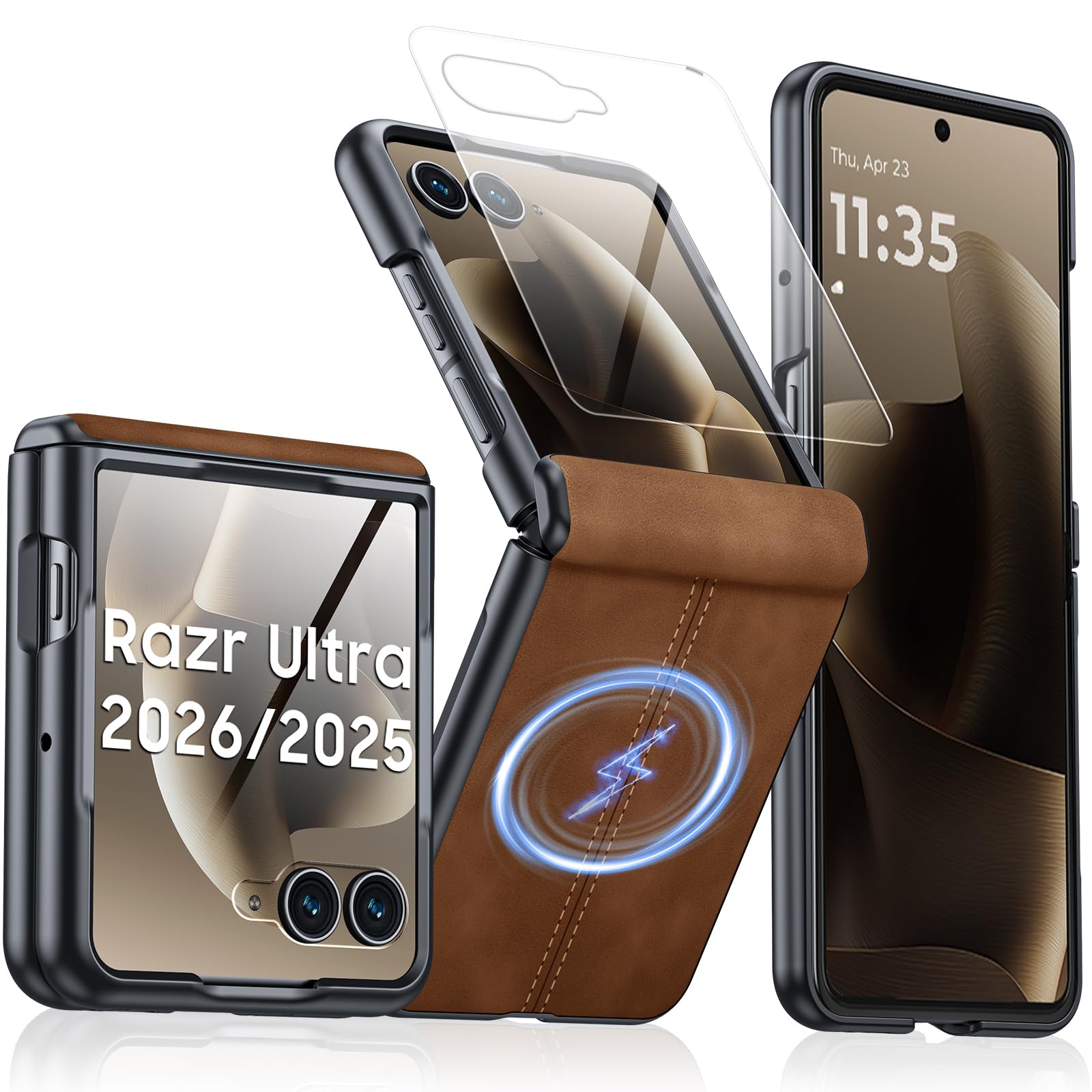 Magnetic for Motorola Razr Ultra 2026/2025 Case with Hinge Protection, Screen Protector, Fit for Magsafe, Ultra-Thin PU Leather Matte PC Shockproof Cover for Razr Ultra 2026/2025-Brown