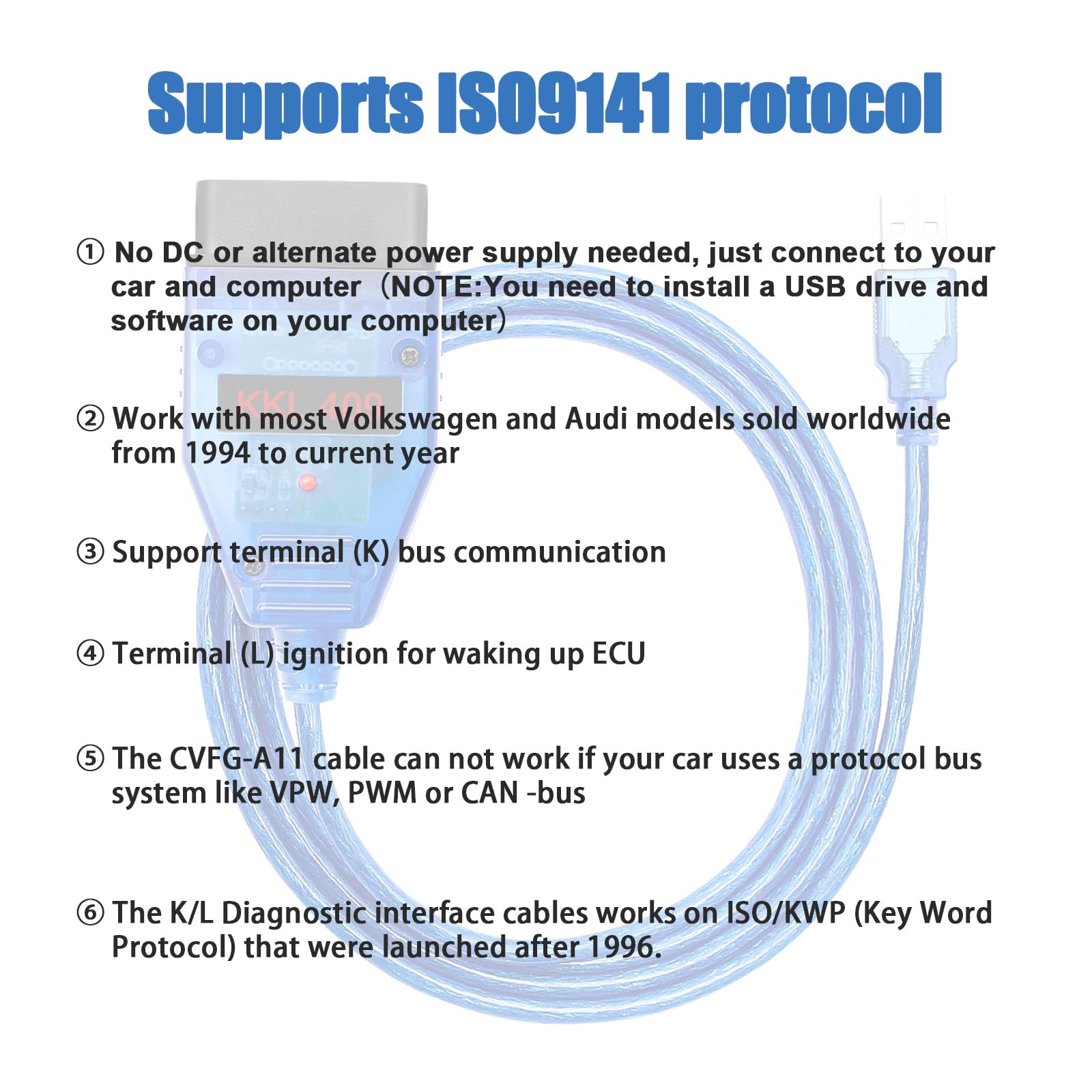 KKL 409.1 cavo USB con Chip originale FTDI FT232RL per V w,Audi,Seat,Volk swagen,Skoda Vehicles dal 1996 oltre,Car ECU Scan Tool OBD2 to USB Cable for V AG-COM Windows XP Diagnostic Software