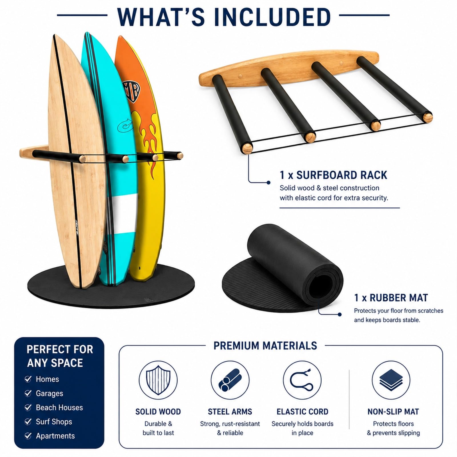 Soporte Vertical for Tabla de Surf, 4 Brazos (3 a 4 Tablas), Madera Dura Sostenible, Soporte de Pared for Surfboard for Shortboard, Skateboard y Wakeboard