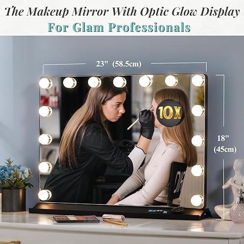 Miniatura 5 de LUXFURNI Espejo de tocador con luces, espejos de maquillaje, espejo Hollywood con 15 bombillas LED, 3 modos de color y brillo ajustable, aumento de