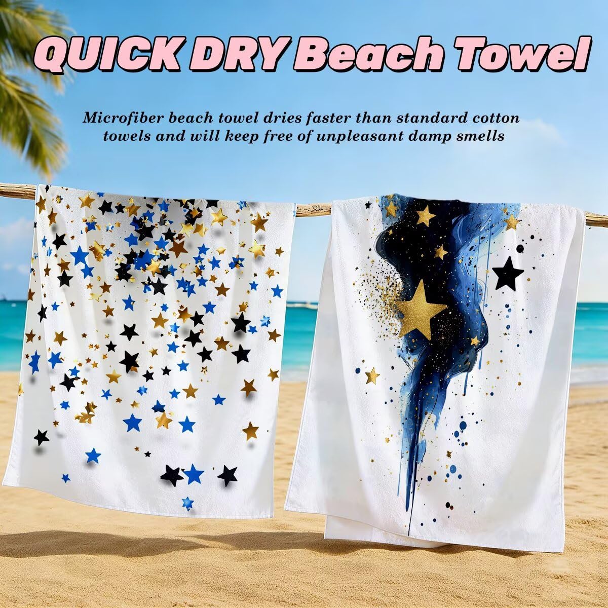Serviette de Plage XXL 70x140 cm, Lot de 2 Serviette de Bain Microfibre, Anti Sable Serviettes Plage, Séchage Rapide Drap de Bain pour Homme Femme, Portable Fine Serviettes pour Fitness (Étoile) -4745