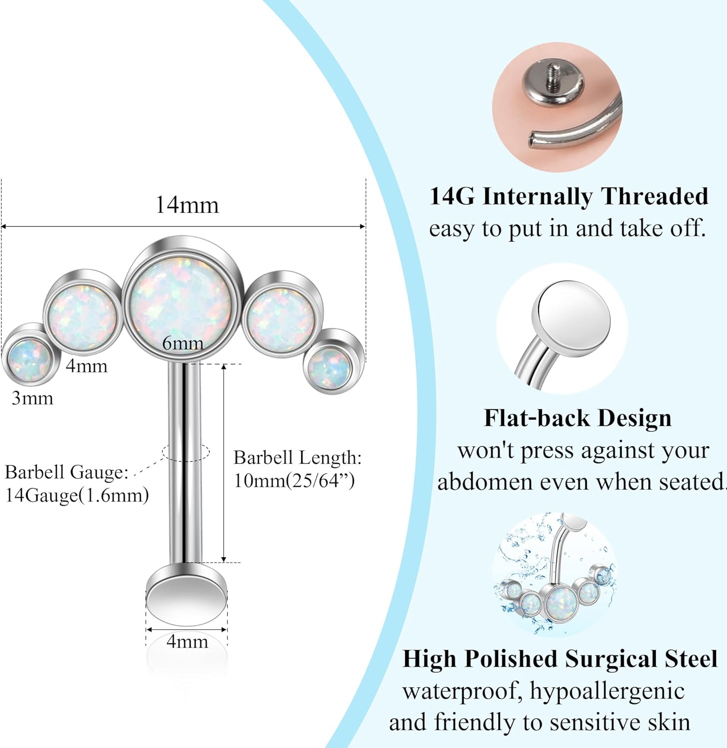 Lantine Floating Navel Piercing Jewelry Stainless Steel 14G Belly Button Rings Curved Barbell Navel Ring Cz Opal Eyebrow Lip Piercing Jewelry 10mm - Image 3