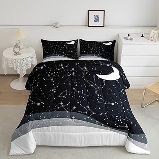 Psychedelic Galaxy Bedding Set Twin Black Reversible Comforter Set for Girls, Boho Moon Print Bedding Comforter Sets Black and White Duvet Set, Constellations Astrology Quilted Comforter 2pcs Cozy