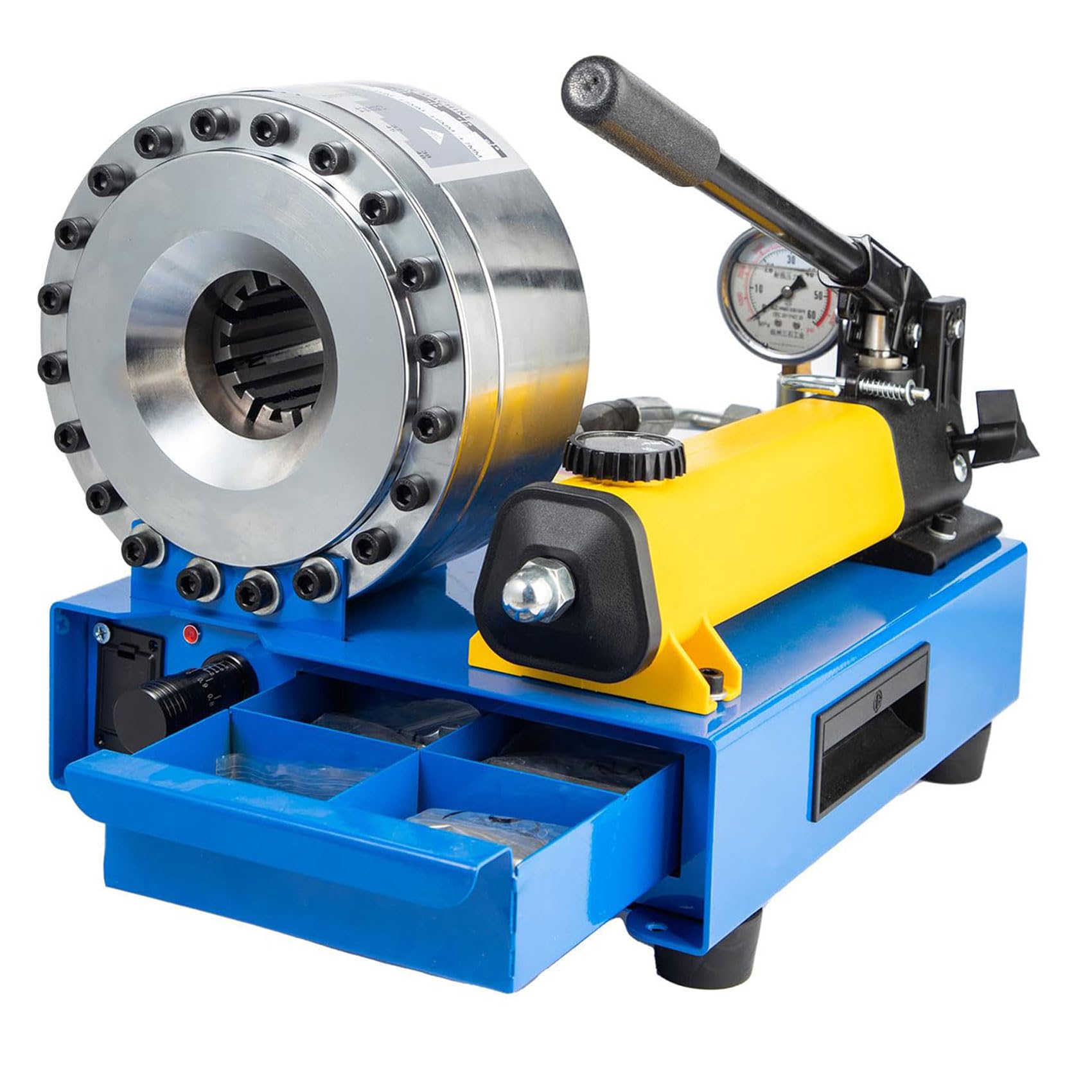 Ręcznie obsługiwana hydrauliczna maszyna zaciskowa, opcja zaciskania pojedynczych i podwójnych węży o średnicy 10 mm – 31 mm (8 zestawów form do wykrawania)