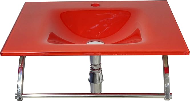 AUKERA HOUSE Lavabo en cristal templado. Conj. RAINBOW CRISTALPACK en 58 x 43,5 Rectangular. Válvula, Sifón, Toallero y Soporte. Rojo