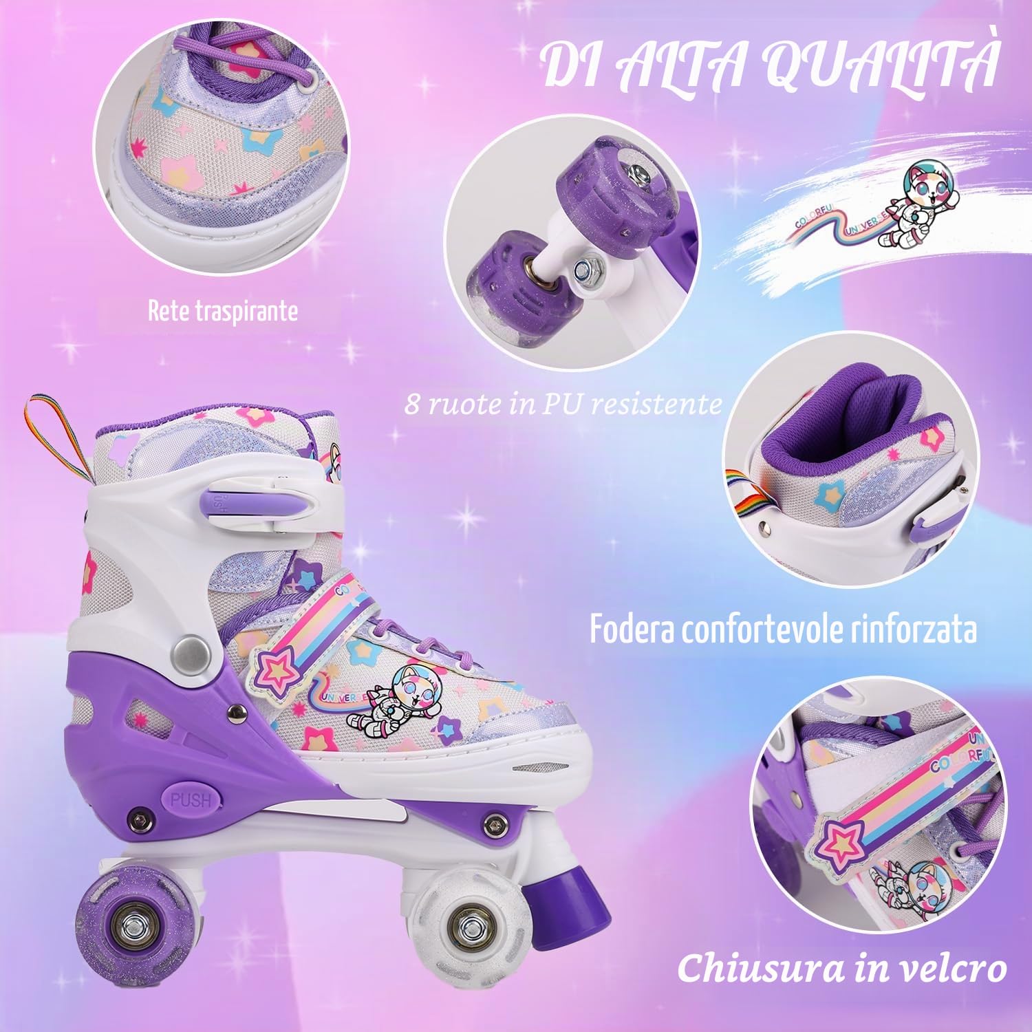 Pattini a rotelle Bambina Regolabili, Pattini a 4 Ruote con Ruote Illuminate, Pattini Bambina di 4 Dimensioni regolabiliper Ragazzi, Ragazze, Bambini, Principianti