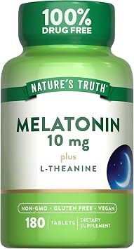 Natures Truth Melatonin Tablets | 10mg | 180 Count | with L-Theanine | 100% Drug Free Supplement for Adults | Vegan, Non-GMO & Gluten Free