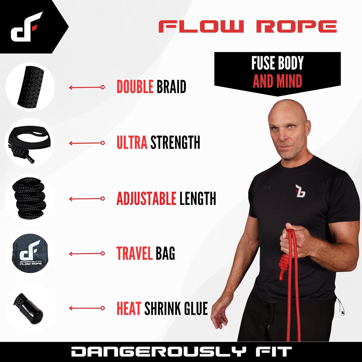 Flow Rope for Fitness Exercise - 8mm Double Braid 9ft Adjustable Length Jump Ropes - Home or Gym Training Workout for Men and Women