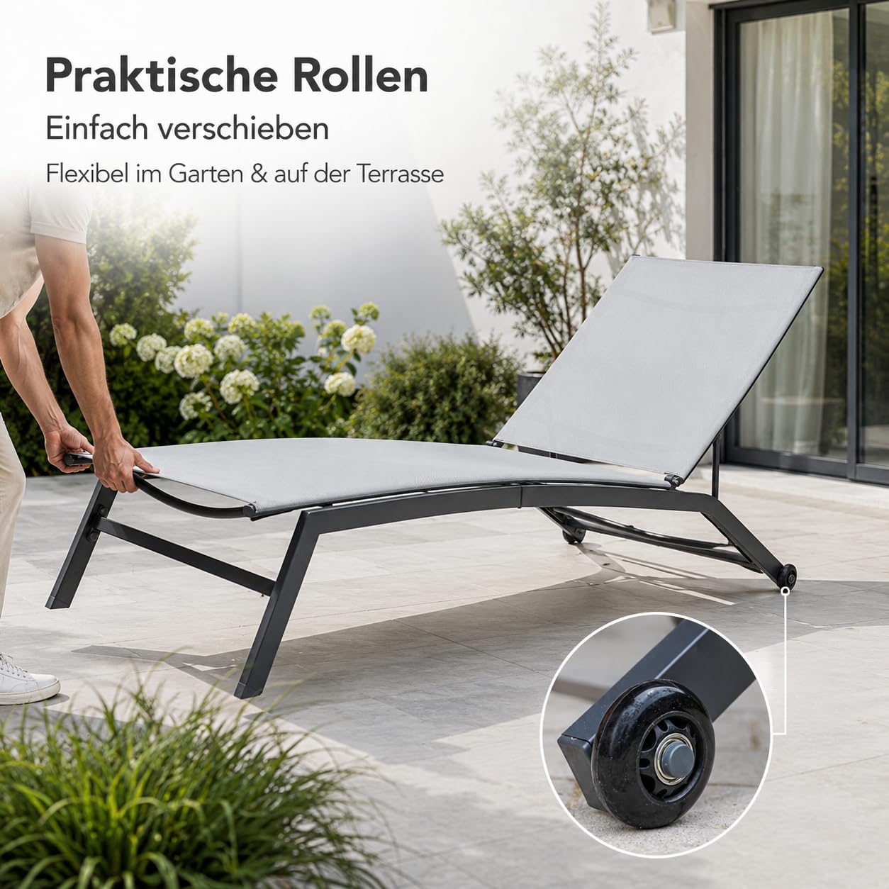 Ondis24 Sonnenliege Miami Gartenliege mit Rollen Relaxliege aus Stahl anthrazit hellgrau für Garten, Balkon, Terrasse