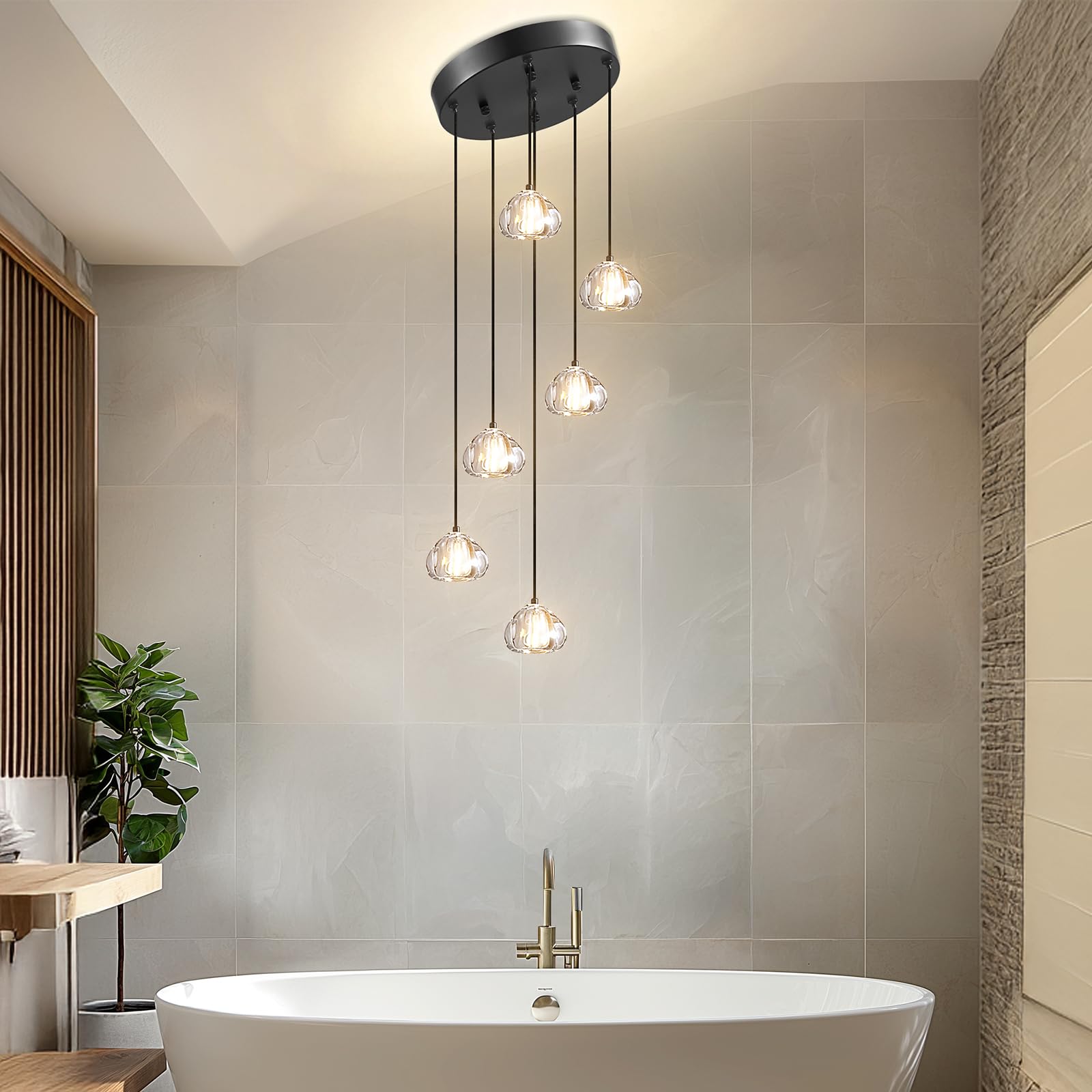 H.W.S Nowoczesna lampa wisząca LED, żyrandol Villa, regulowana wysokość, lampa wisząca szkło, do salonu, jadalni, przedpokoju, schodów, hotelu (6-punktowa, Okrągła, Czarna)