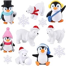 FEPITO 12Pcs Winter Resin Penguin Polar Bear Snowflake Miniature Toy Figure Mini Christmas Figures for DIY Garden Home Decoration Christmas Ornaments