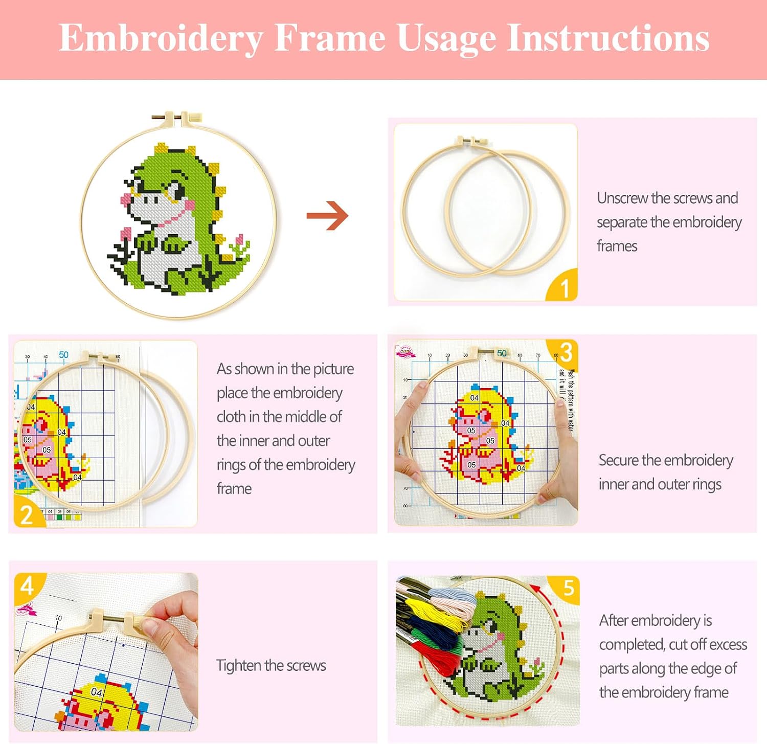 Zhenqing 4 Cute Animal Cross Stitch Kit for Beginners, 11CT Printed 24x24cm with Hoop, Dinosaur Cat Bunny Embroidery Set（68123）