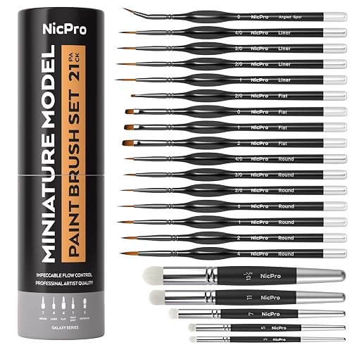 Nicpro Miniature Paint Brushes Drybrush - 21PCS Model Paint Brush Set for Acrylic Watercolor, Detail Paint Brush Dry Brush for 40k Model, Miniature Painting, Citadel, DND Miniatures - with Container - 21 PCS