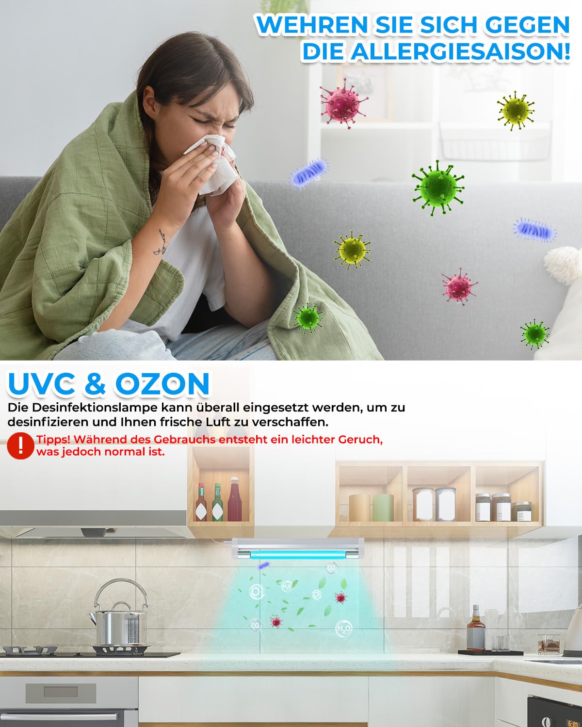 6W UV Lampe UVC Desinfektionslampe Ozon Licht mit Kabel und Stecker UV 253.7nm AC220-240V Perfekt für Schuhe, Kleiderschrank, Schrank, Badezimmer, Frische Luft