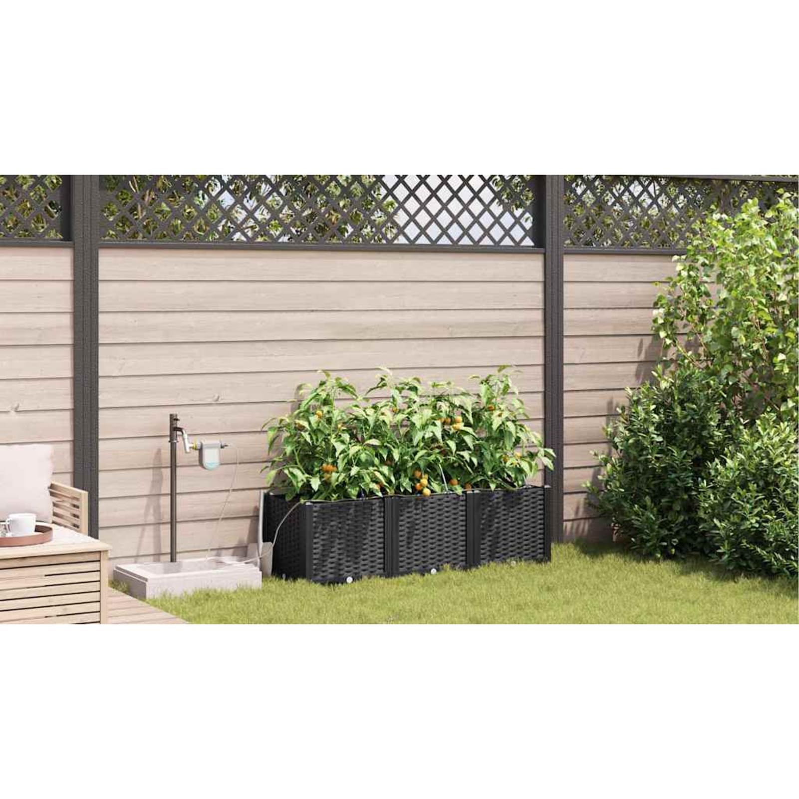 Geecher Vaso da Giardino 3 Pezzi, con Sistema di irrigazione Integrato, 120x40x37,5 cm, in Acciaio Nero, fioriera per Esterno per Principianti e Appassionati di Giardinaggio