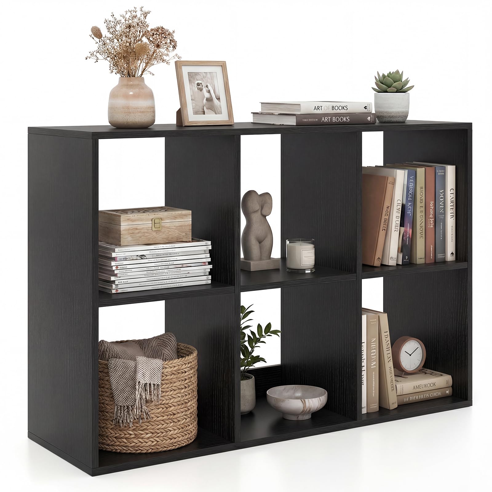 COSTWAY 6/8/9 Cube Bookcase, Wooden Storage Cabinet with Anti-toppling Device, Freestanding Display Bookshelf for Living Room, Bedroom and Study (6 Open Cubes, Black) — image 1