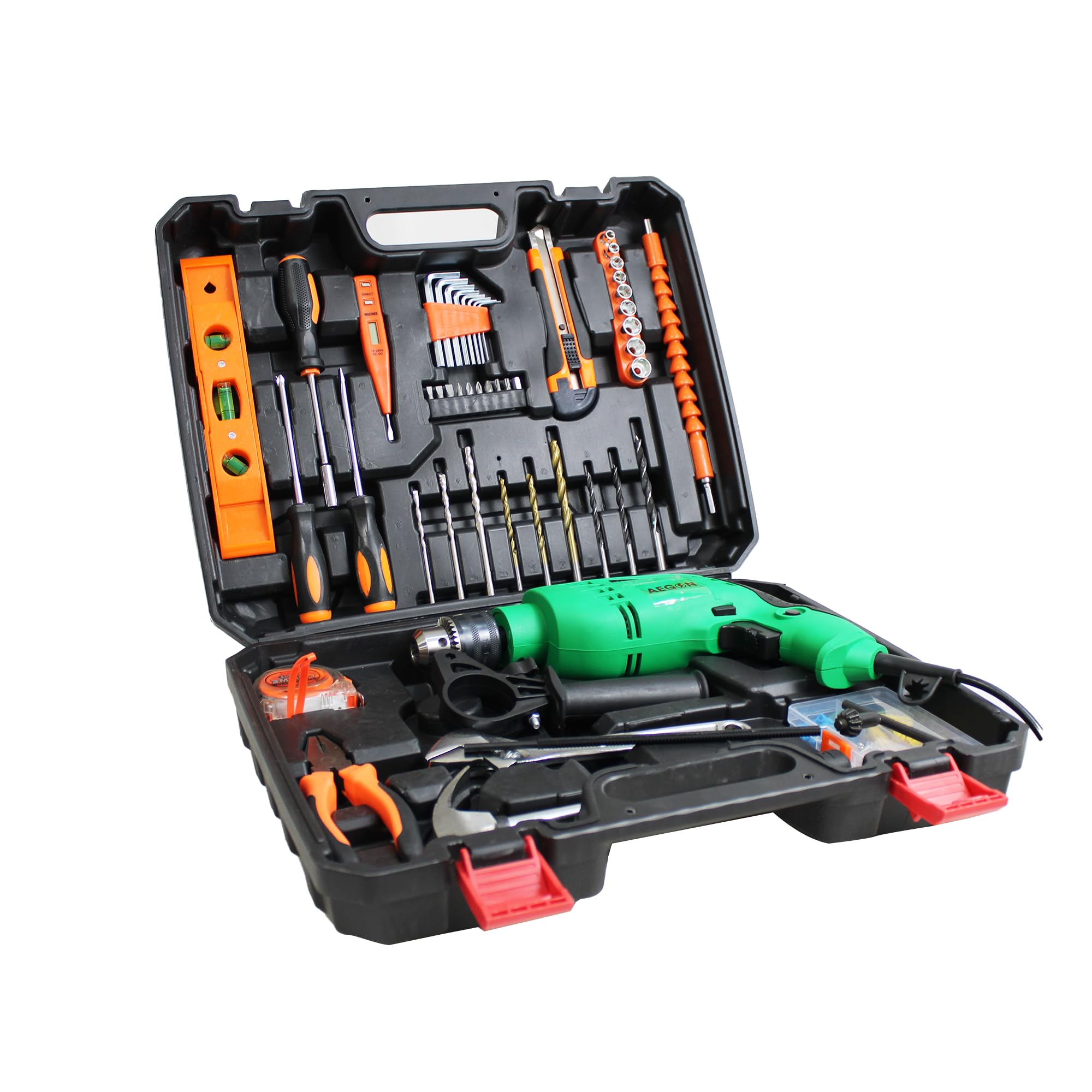 AEGON ADM13 Professional 800W 3000RPM Impact Drill Kit | with Variable Speed, 2 Modes - R/F | 13mm Chuck, Copper Armature | 115 Pcs Tool Set with Hand Tools & Accessories