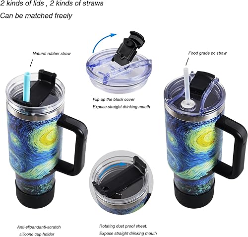 Miniatura 4 de Jormungand Vaso de 40 onzas con asa y pajita, botella de agua de acero inoxidable con aislamiento al vacío para bebidas calientes o frías, taza de
