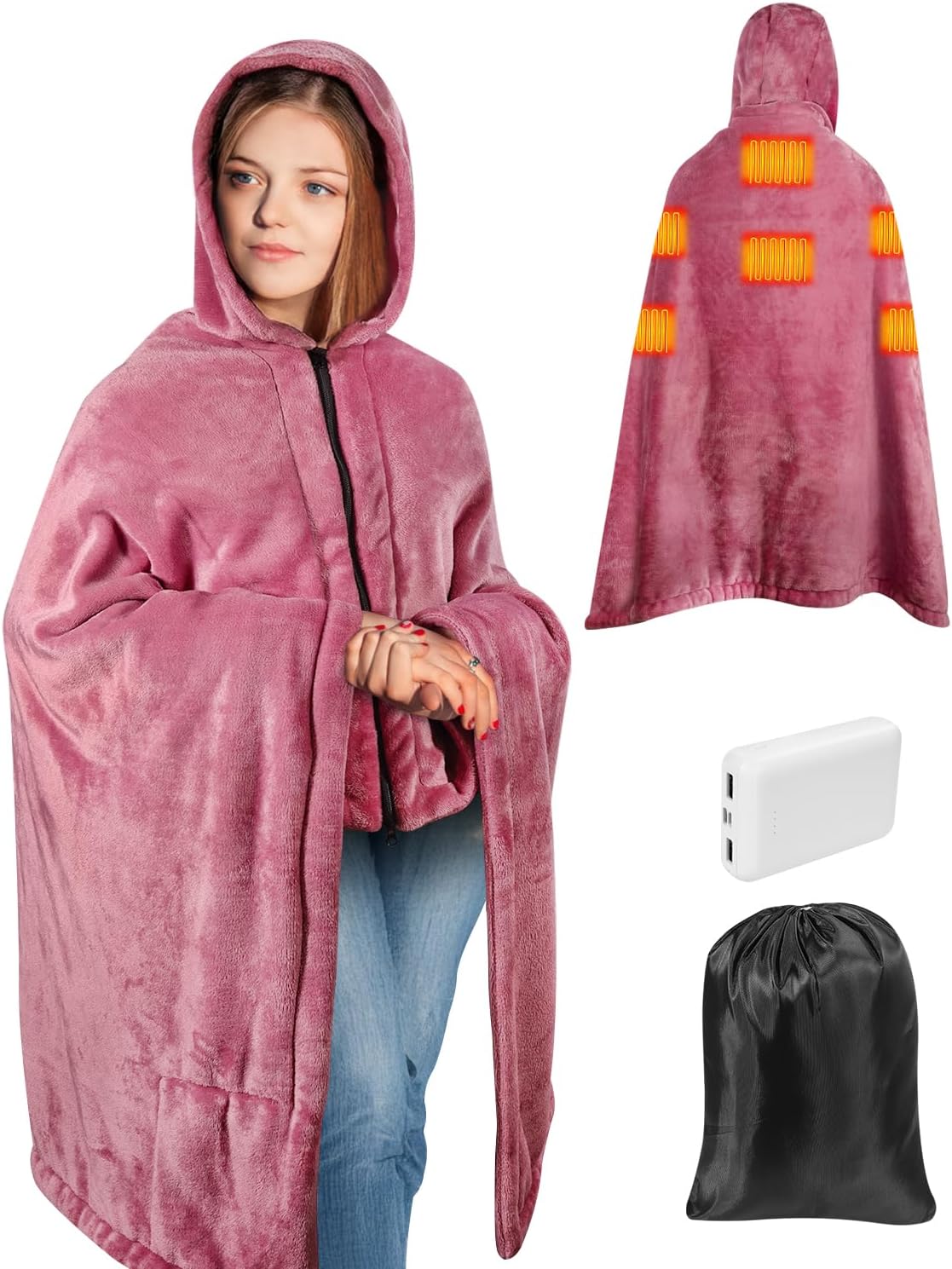 Electric Heated Blanket Cordless with Hood, Rechargeable Shoulder Heater Shawl with USB Battery Power Bank, 3 Heating Level Heated Throw, Portable Cozy Flannel Blanket for Mom/Dad (Purple)