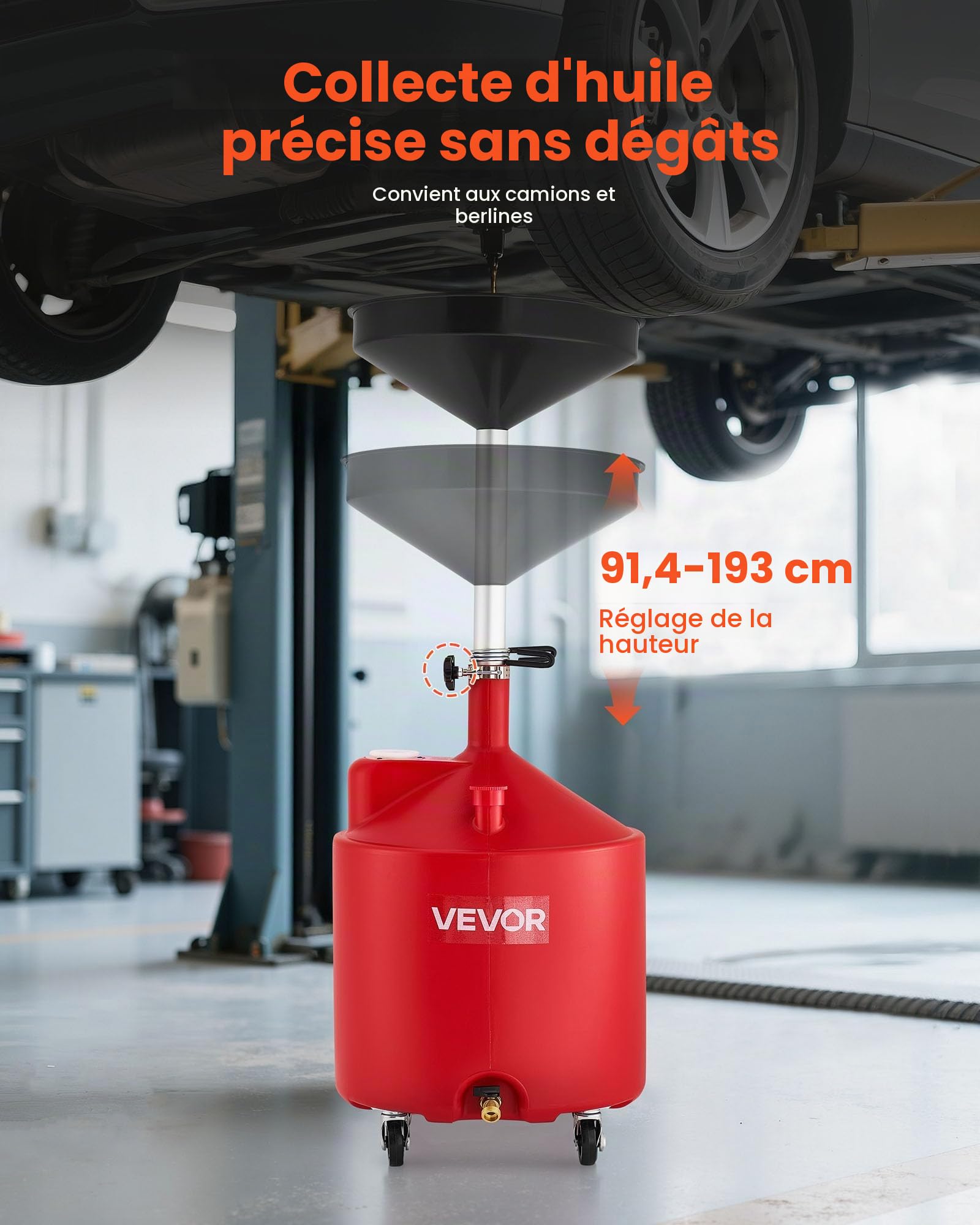 VEVOR Réservoir de Vidange Huile Usagée 68 L, Vidangeur Huile Portable Industriel, avec Entonnoir Réglable en Hauteur, Roues, Drainage Transfert Carburant pour Ateliers Réparation Automobile, Rouge
