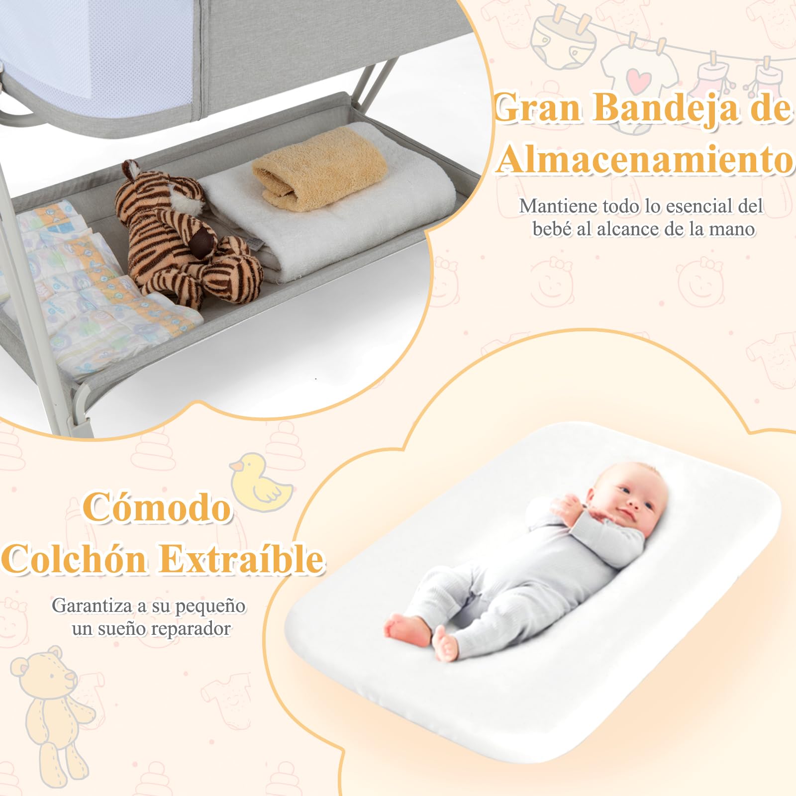 GOPLUS Cuna Cama de Bebé con Inclinación y 7 Alturas Ajustables, Cuna Plegable con Ventana de Malla y Estante de Almacenaje, Ruedas con Freno, 0-6 Meses (Gris Claro)